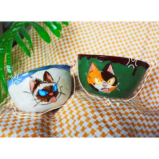 Blue and White Grumpy Cat - Matcha Bowl