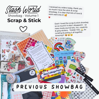 Stash World Showbag - Volume 1 (previous showbag). Content shows various stationary supplies including stickers, a mini collage pack, a journal, and scrapbook fodder.