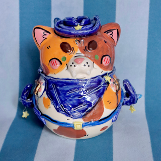 Blue Cowboy Calico Cat - Large Ceramic Vase