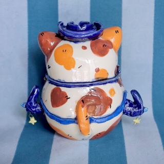 Blue Cowboy Calico Cat - Large Ceramic Vase