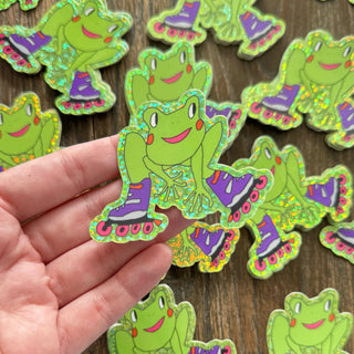 Rollerblading glitter frog vinyl sticker 