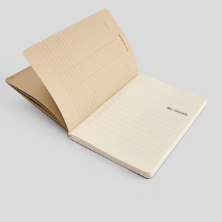 An open journal with off-white, lined pages. One page is titled 'Important Dates' and the other 'My Goals'.