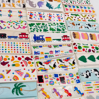 Collection of vintage 1980s colorful children's stickers on a white background