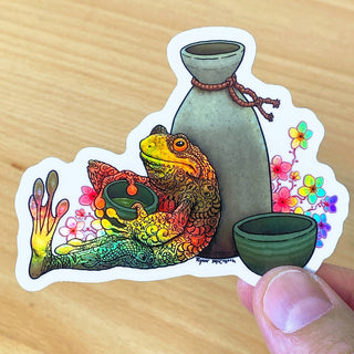 Sake Frog with Cherry Blossoms - Holographic Vinyl Sticker