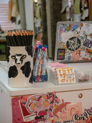Stash World Counter with cow pen cup and laptop